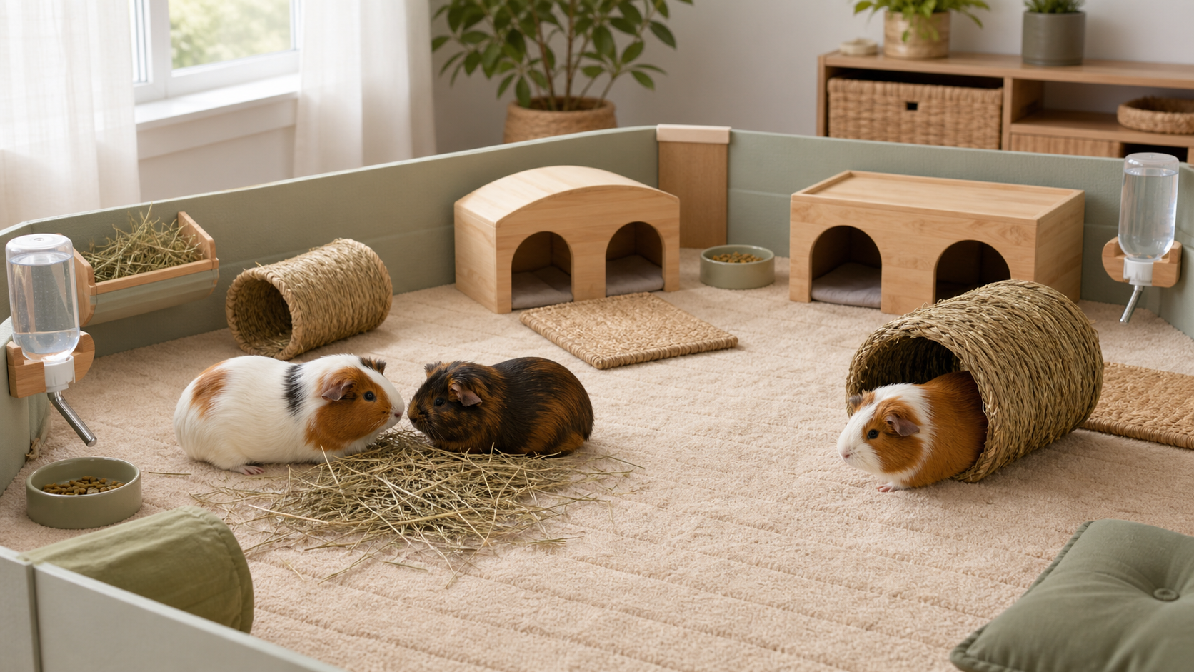 Three guinea pigs sharing a spacious solid-floor enclosure with hay, tunnels, double-entry hides and separated water points