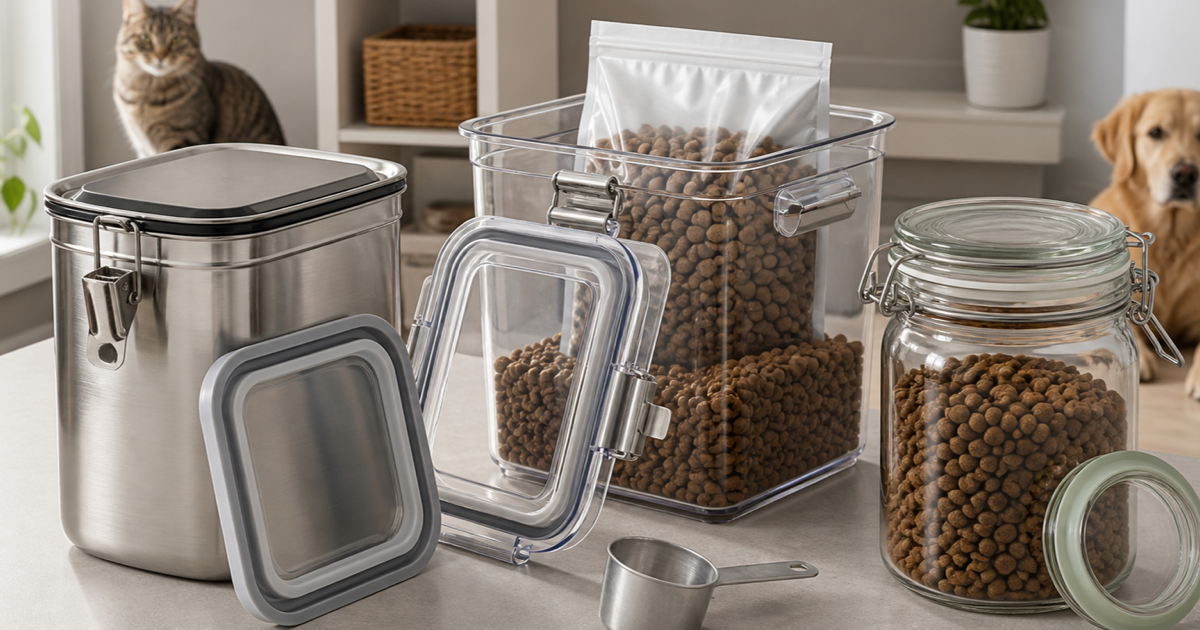 Stainless steel, clear plastic and glass pet food containers with visible gasketed lids on a clean counter