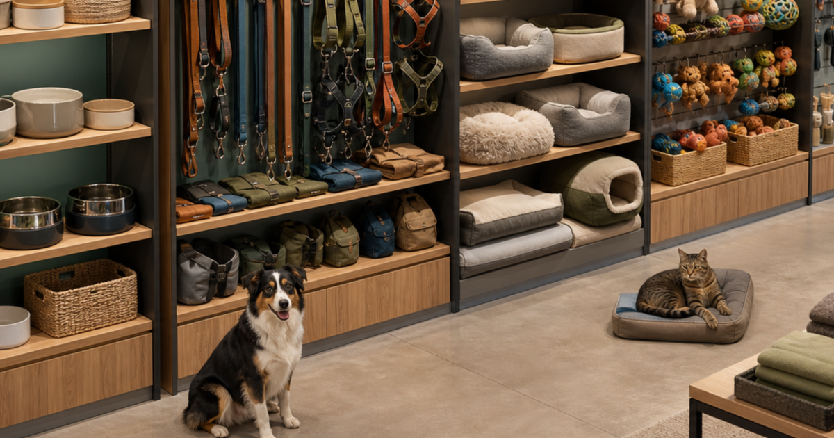 Organized pet retail shelves with bowls, walking gear, beds and toys beside a calm dog and cat