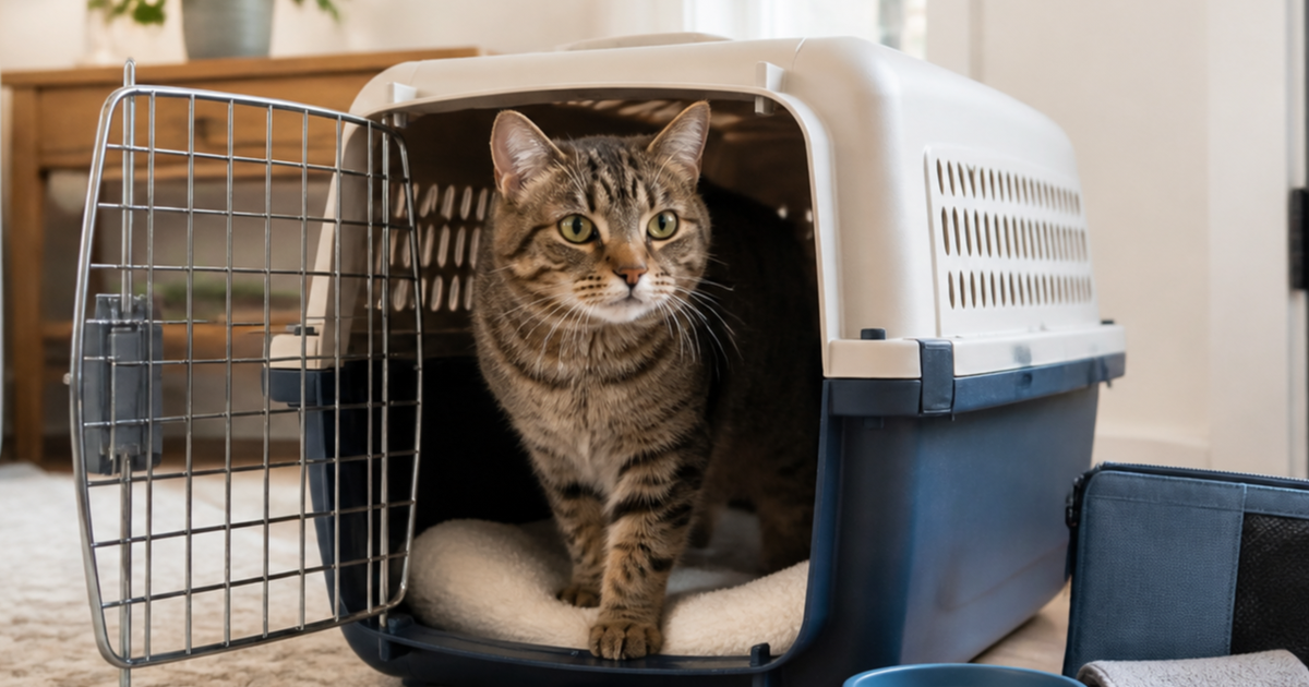 Relaxed tabby cat voluntarily entering an open travel carrier with familiar bedding