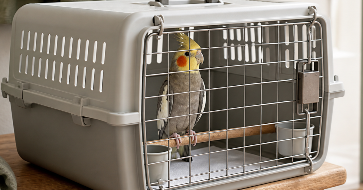 Cockatiel inside a rigid travel carrier with visible side ventilation, low perch and secure door