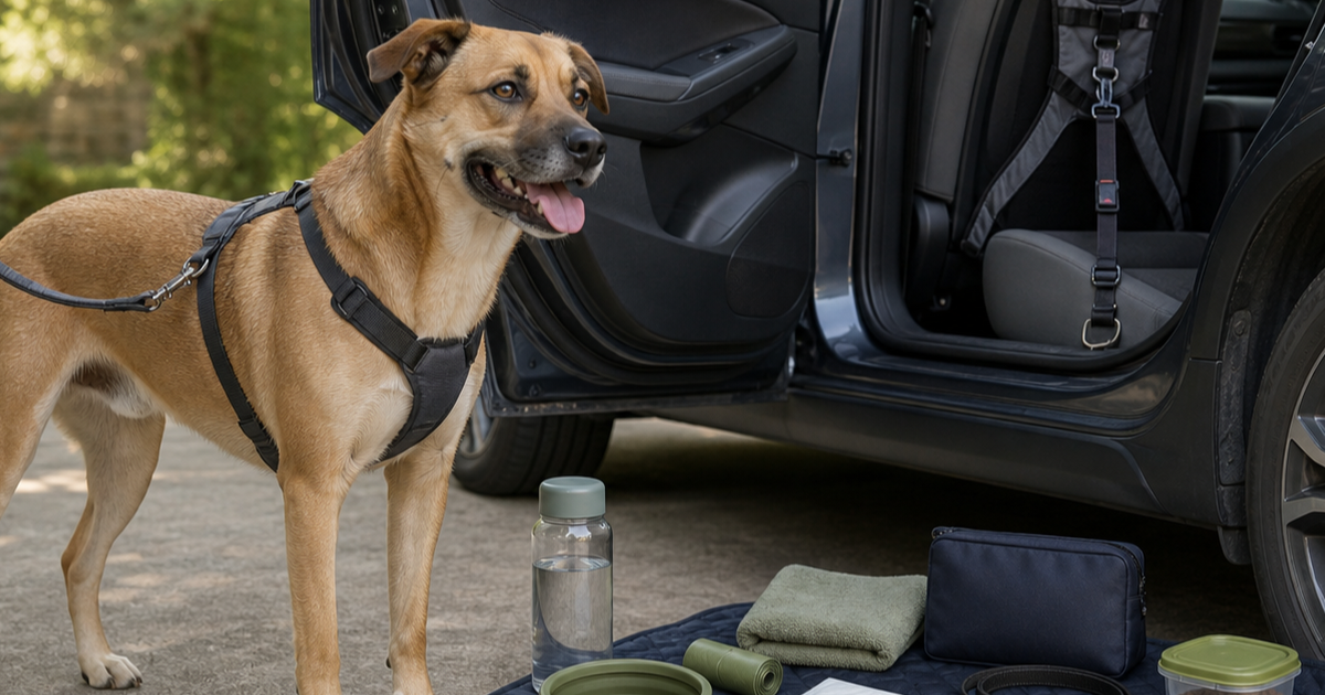 Leashed dog beside a parked car with water bowl, towel and compact travel gear prepared for a short trip