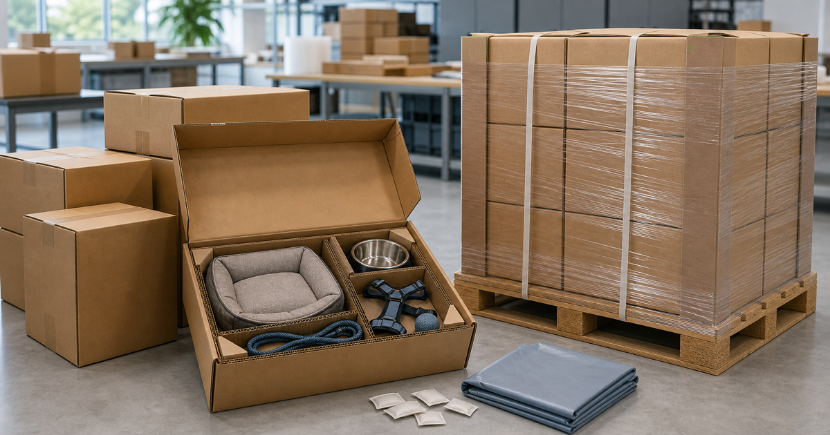 Open export carton with protected pet products beside a secured pallet of shipping boxes