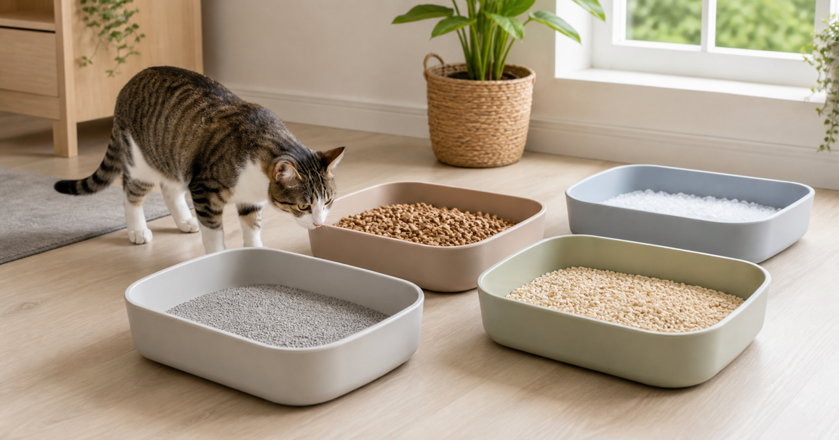 Cat inspecting four clean open trays filled with clay, tofu, wood and silica litter