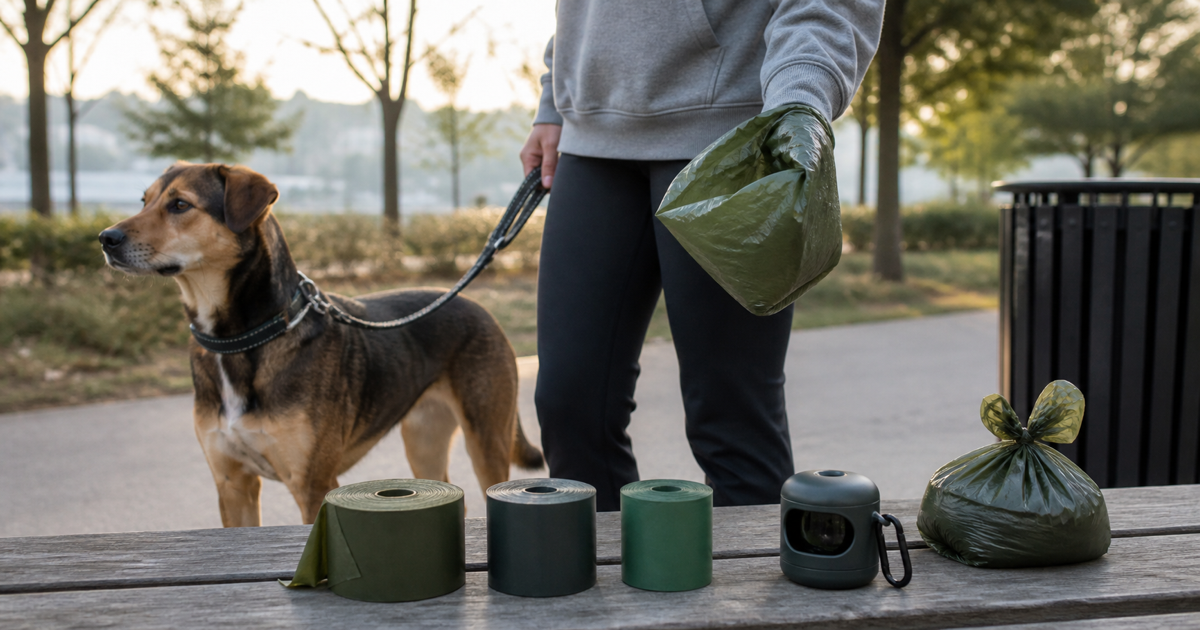 Dog owner holding an opaque waste bag beside a leashed dog, bag rolls and a park bin