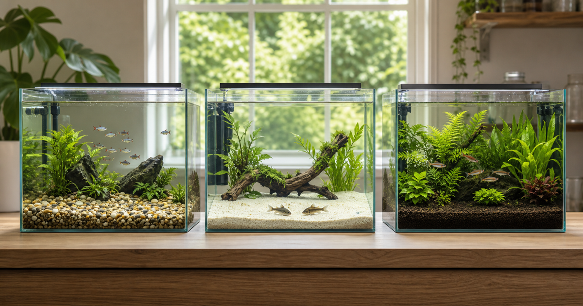 Three planted freshwater aquariums with gravel, sand and dark aquarium soil substrates
