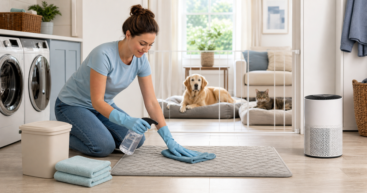Pet owner cleaning a washable mat while a dog and cat rest safely behind a gate