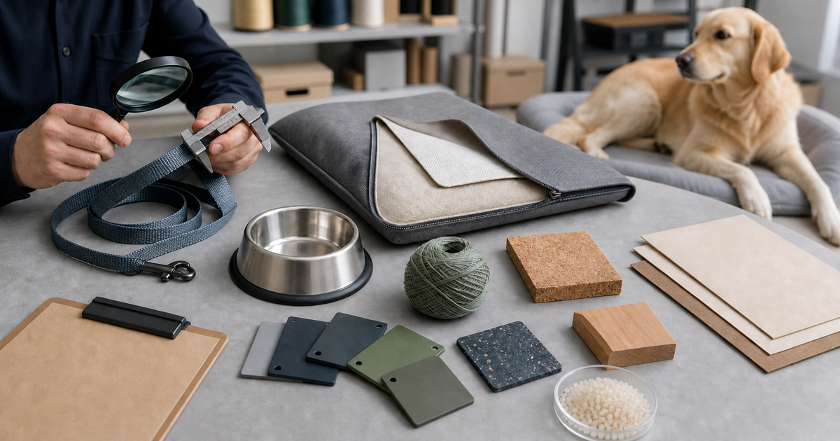 Sourcing professional inspecting pet-product materials beside a resting dog