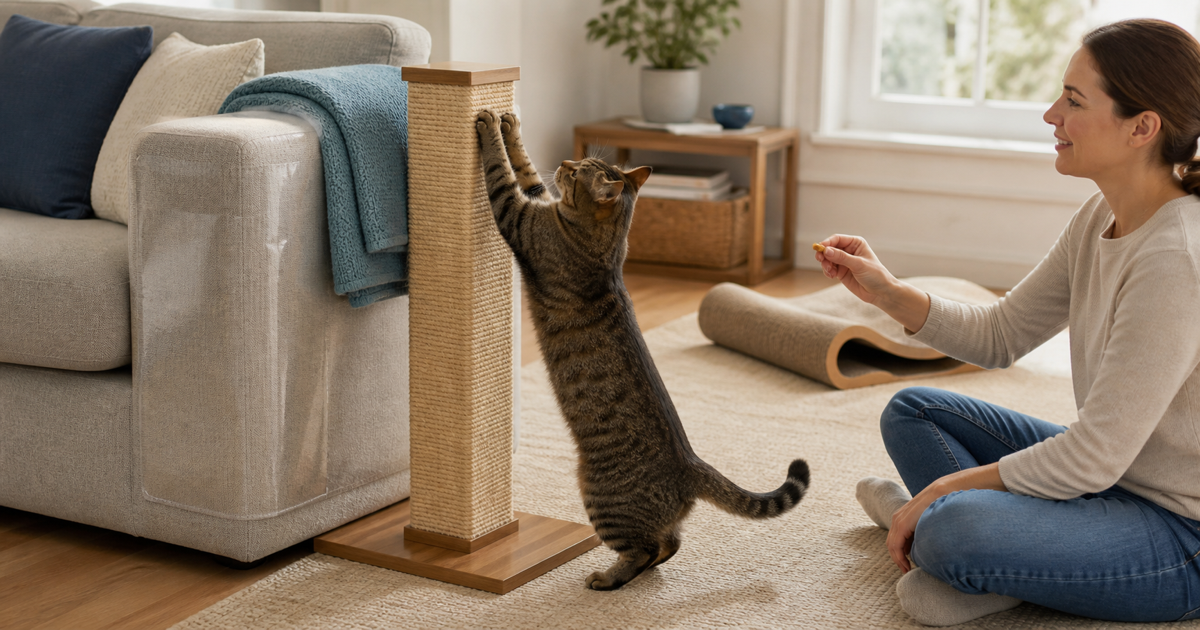 Cat using a stable scratching post beside a protected sofa while receiving a reward