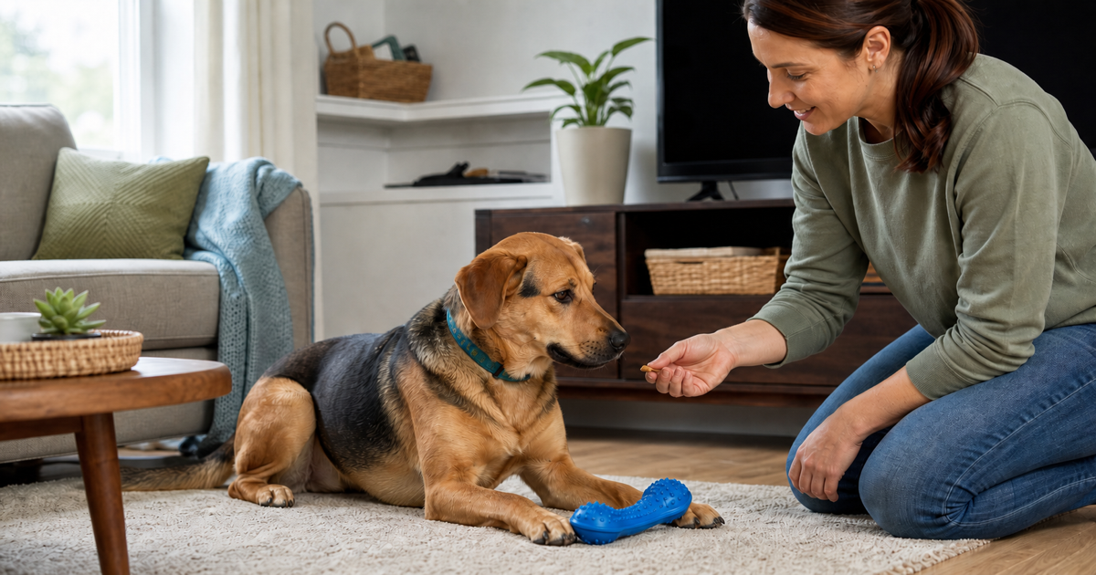 Dog choosing a flexible chew toy while an owner rewards the choice in a tidy living room.