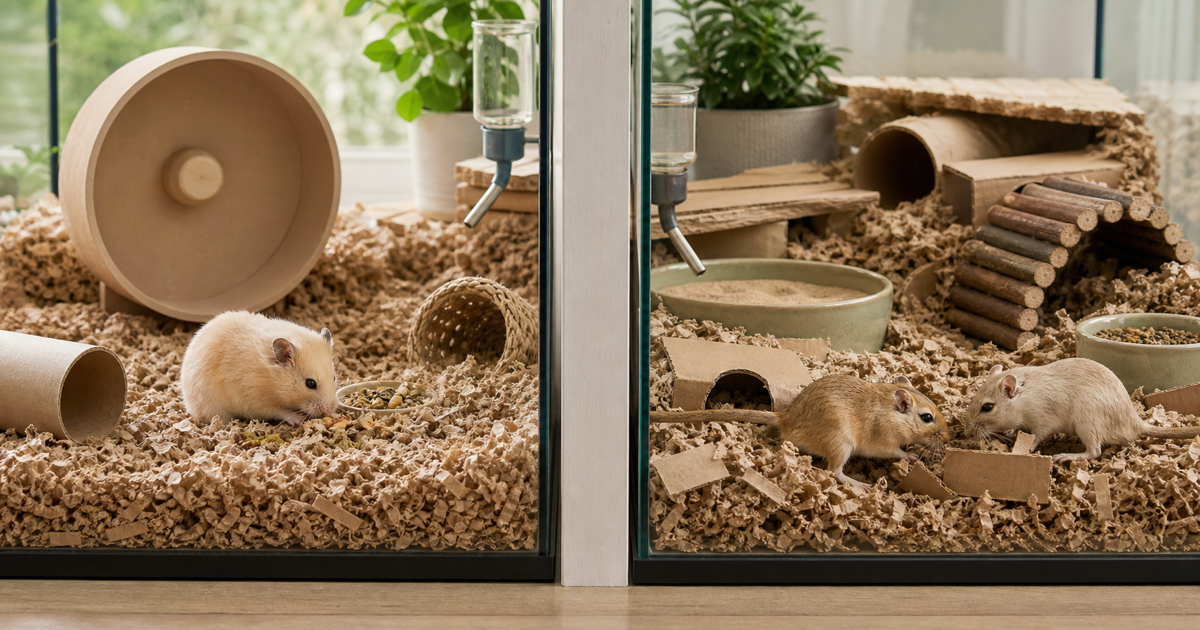 A hamster and a bonded gerbil pair exploring separate enriched habitats with deep bedding, tunnels and forage.