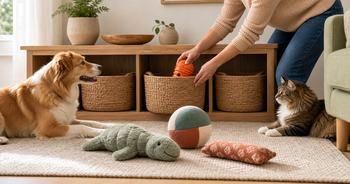 A dog and cat beside an owner organizing clean toys into a wooden storage system.