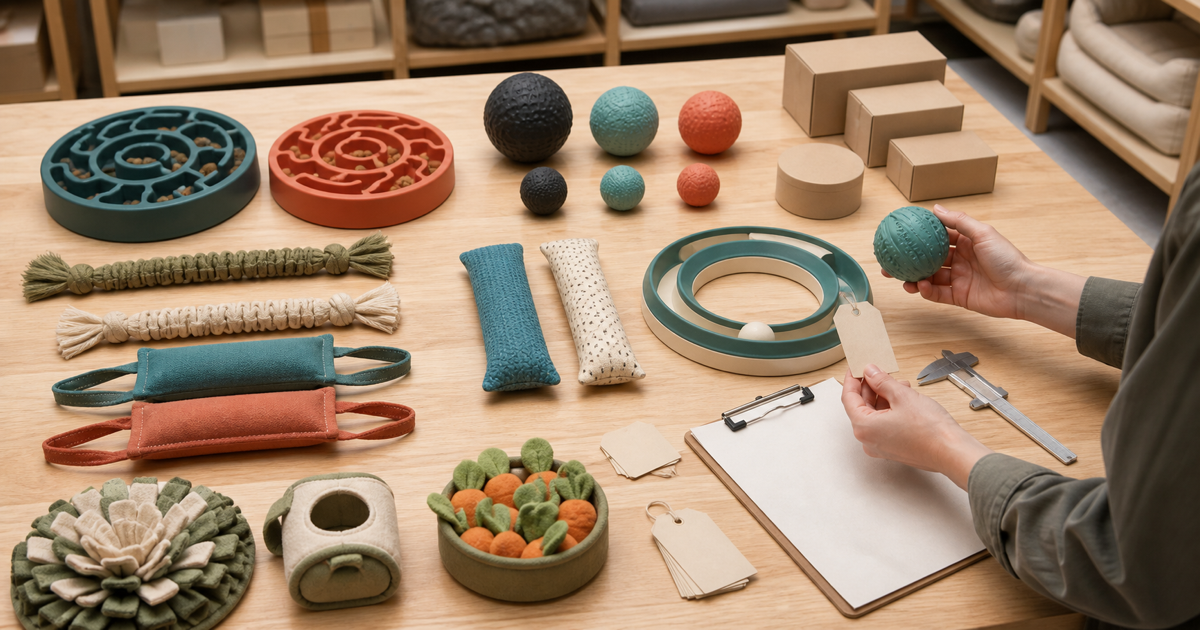 Retail buyer comparing an organized pet toy assortment with sample tools and blank tags.