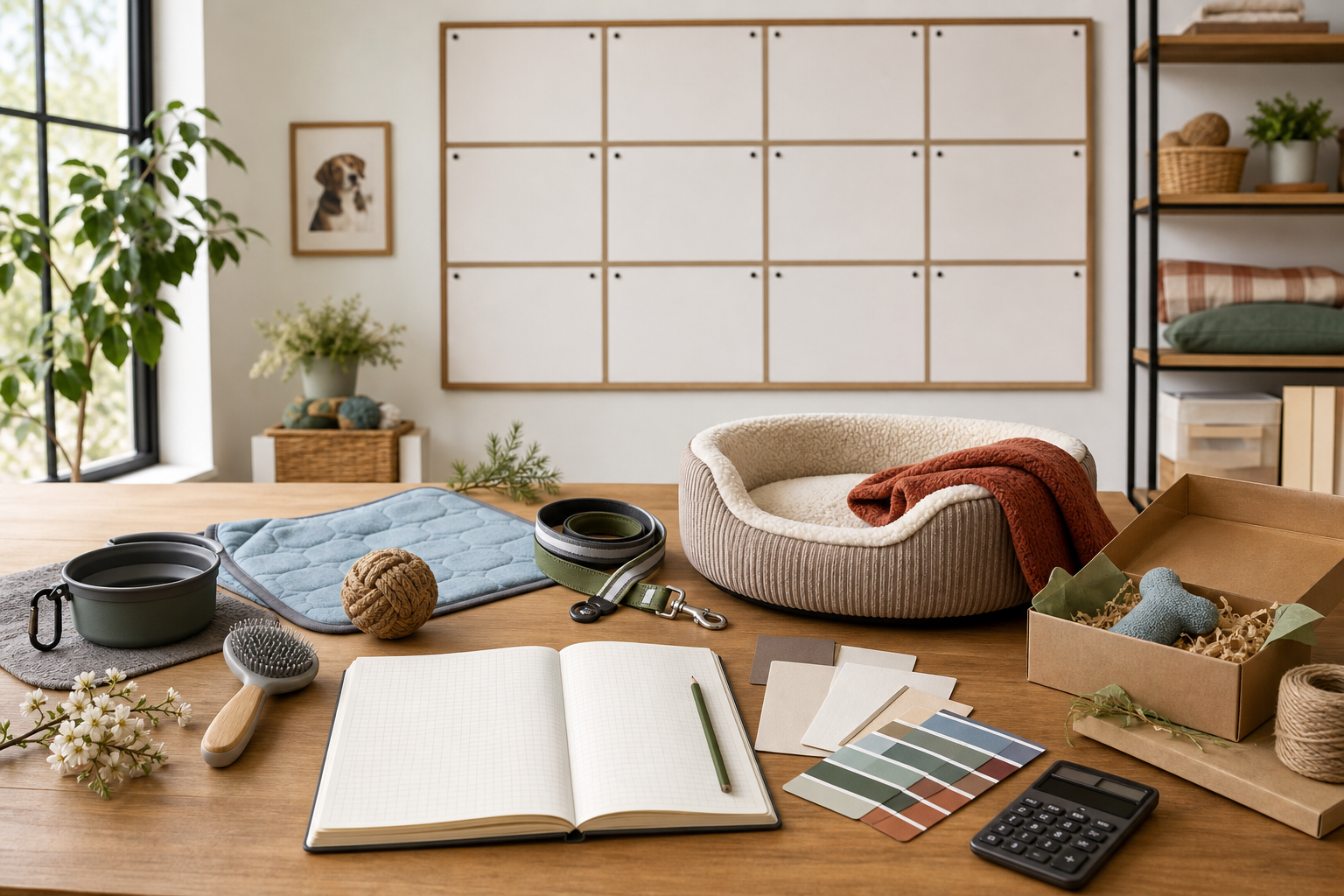 A pet retail buying desk with a twelve-month planner, product samples, packaging, color swatches, notebook and calculator