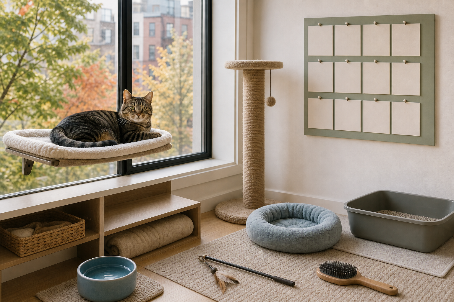 An indoor tabby cat beside a blank twelve-month planner, scratching post, water bowl, bed, litter box, brush and safe toy