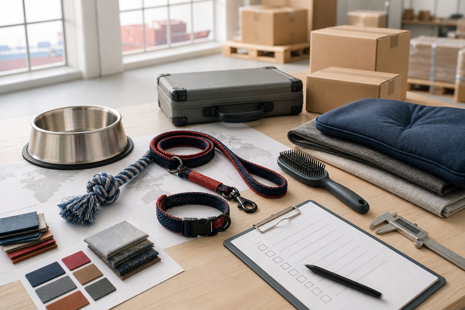 International pet product sourcing workspace with pet supply samples, material swatches, quality checklist, caliper and shipping cartons