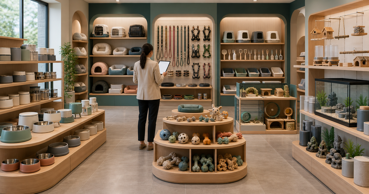 Retail category manager reviewing organized pet product departments in a modern store.