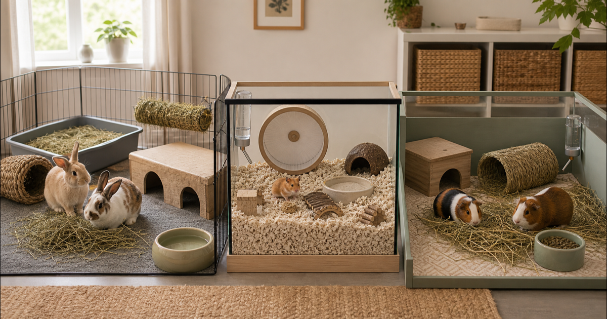 Two rabbits, one hamster and two guinea pigs in separate habitats with appropriate supplies.