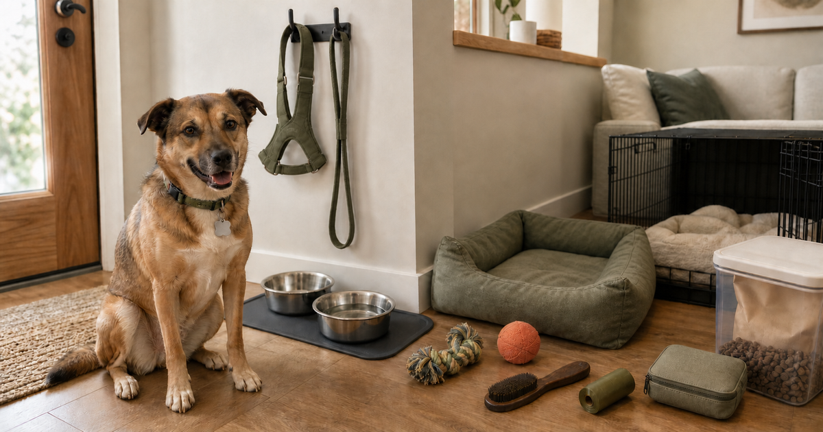 Dog beside fitted walking gear, bowls, bed, open crate, toys and grooming supplies in a prepared home.