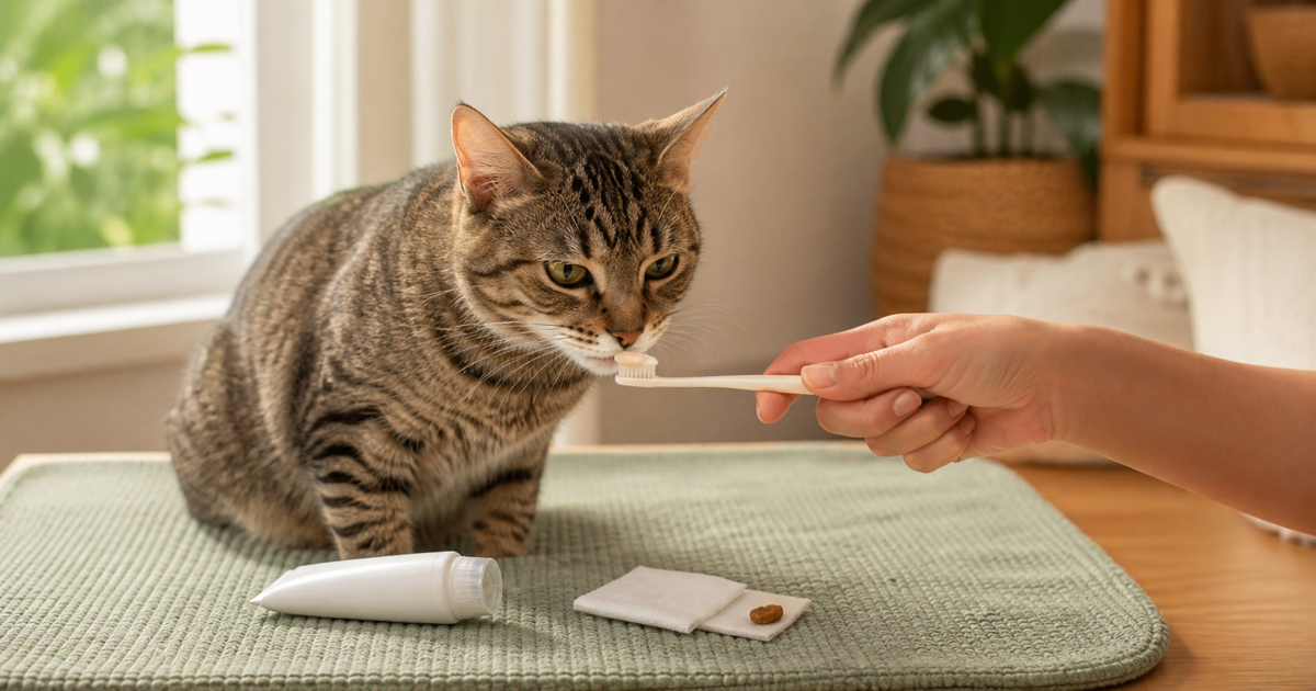 Relaxed tabby cat sniffing cat toothpaste on a small toothbrush during calm home dental training.