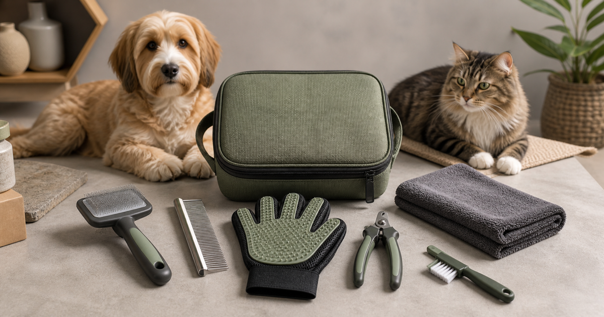 Coordinated pet grooming tools and storage pouch displayed with a relaxed dog and cat.