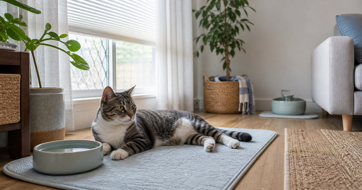 Indoor cat resting in a shaded summer room beside a wide water bowl.
