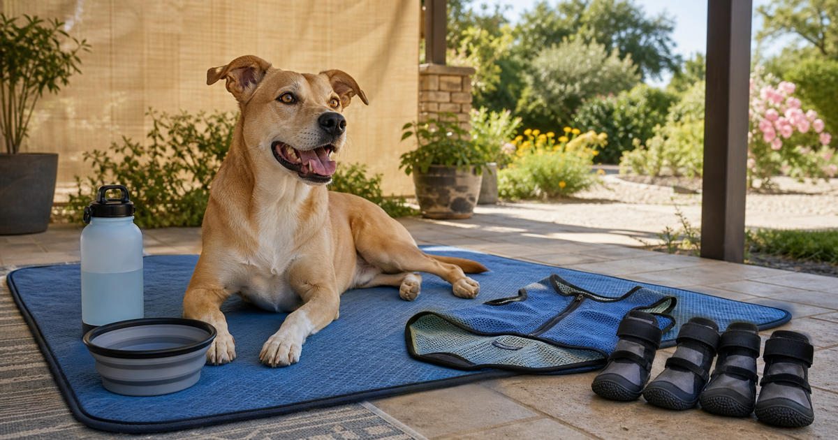 Dog resting in shade with a cooling mat, water bowl, vest and fitted boots nearby.