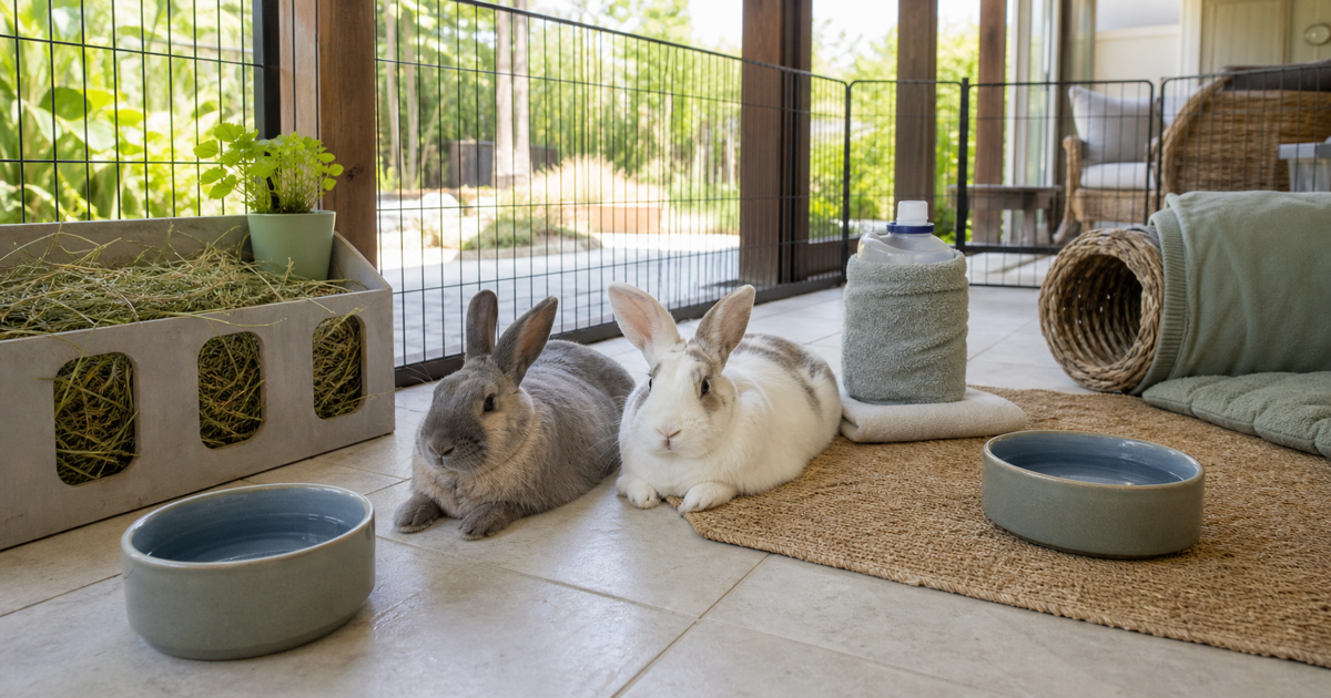 Two bonded rabbits resting in a shaded enclosure with water bowls and cool surfaces.