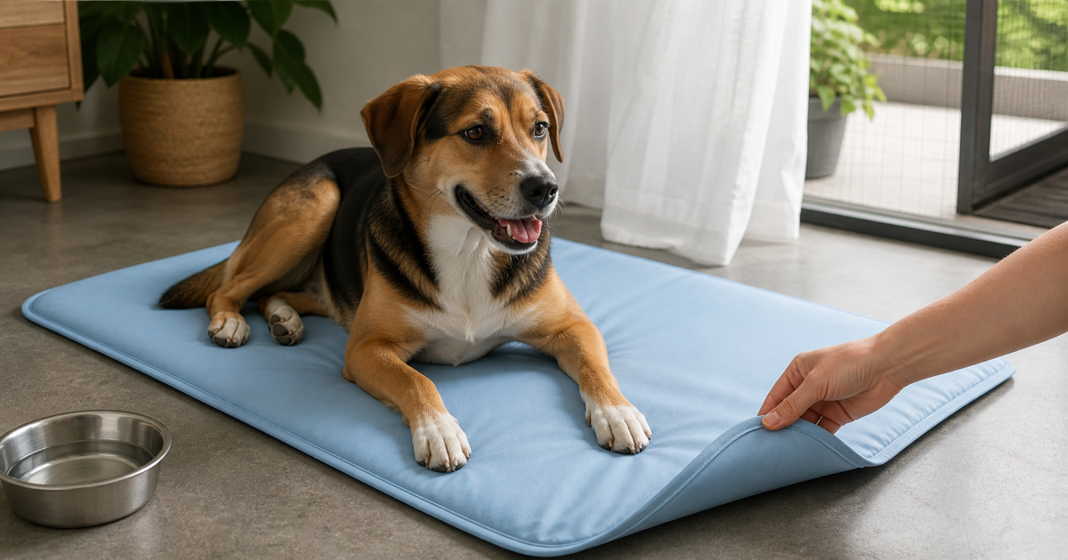Dog resting on an intact cooling mat while an owner checks its sealed edge.