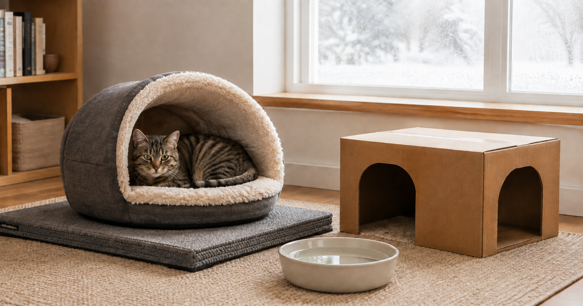 Cat resting in a warm enclosed bed beside fresh water and a two-exit cardboard hide.
