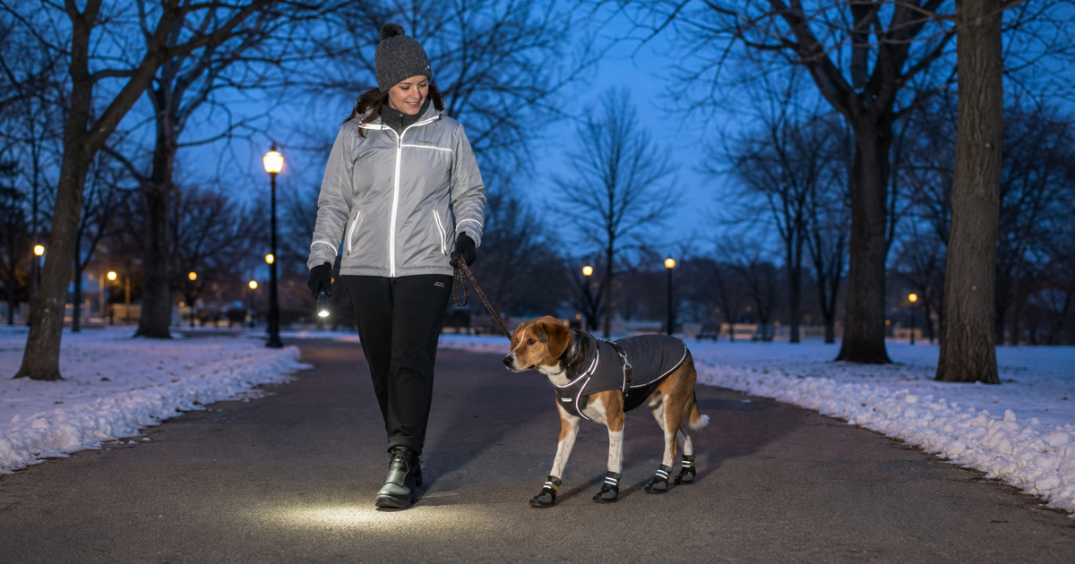 Dog in fitted boots and reflective walking gear beside an owner on a cleared winter path at dusk.