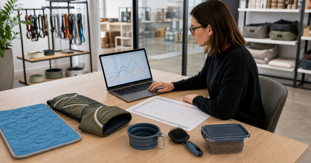 Pet retail buyer reviewing seasonal demand curves beside product samples and a planning grid.