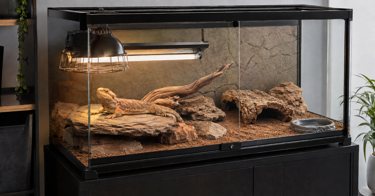 Bearded dragon basking beneath guarded heat and UVB lamps with a shaded hide at the cool end.