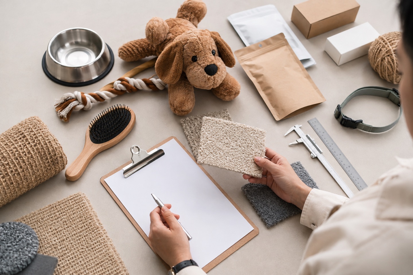Buyer reviewing pet product samples, material swatches, packaging and a sourcing checklist.