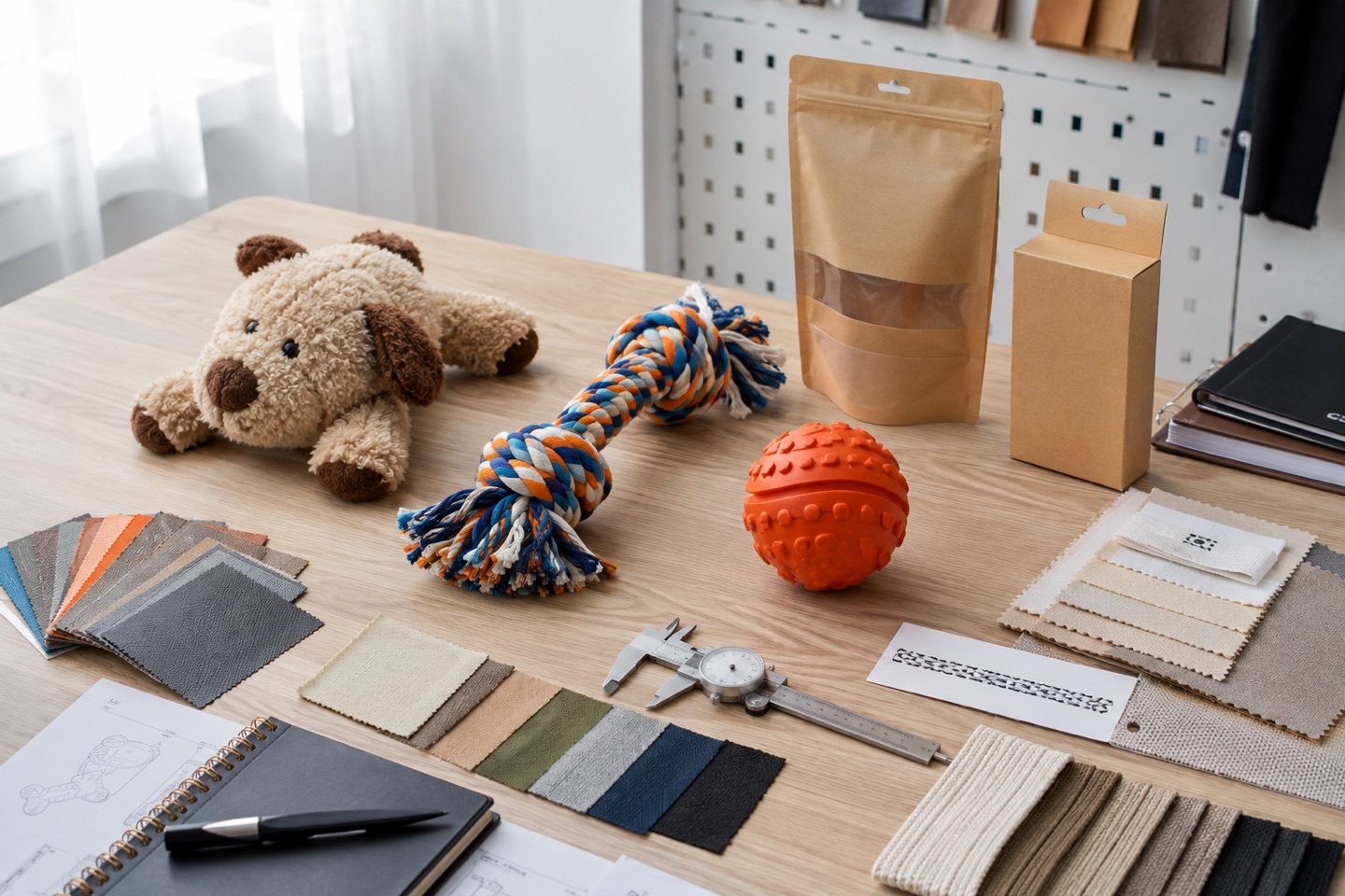 Unbranded plush, rope and rubber dog toy samples arranged for a professional sourcing review.