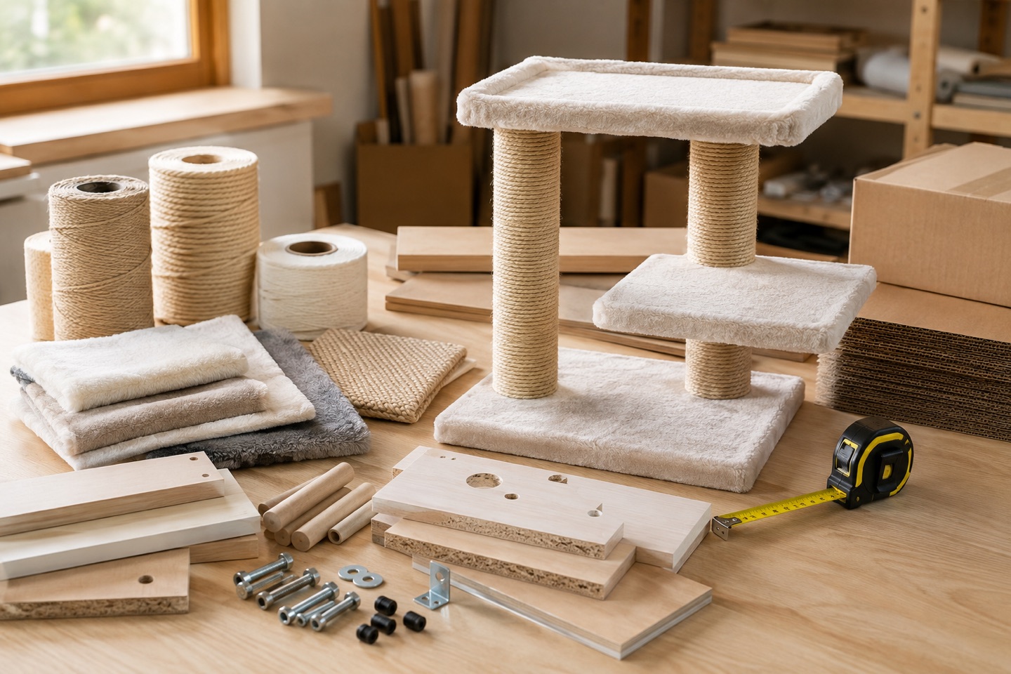 Cat tree platforms, sisal rope, upholstery, fasteners and packaging arranged for a sourcing evaluation.