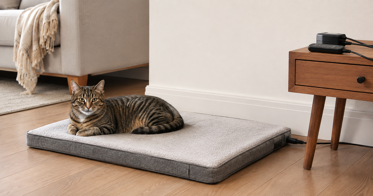 Cat resting on one side of a flat heated pet bed with its protected cord routed out of reach.