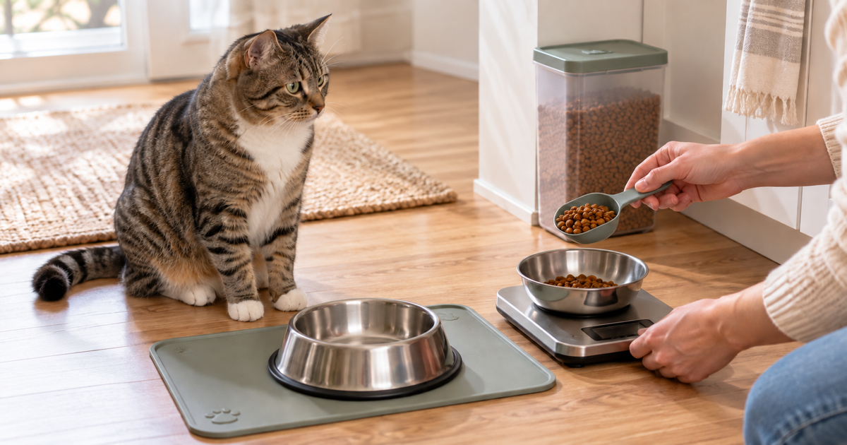 Cat waiting while one meal portion is measured beside clean stainless-steel feeding bowls.