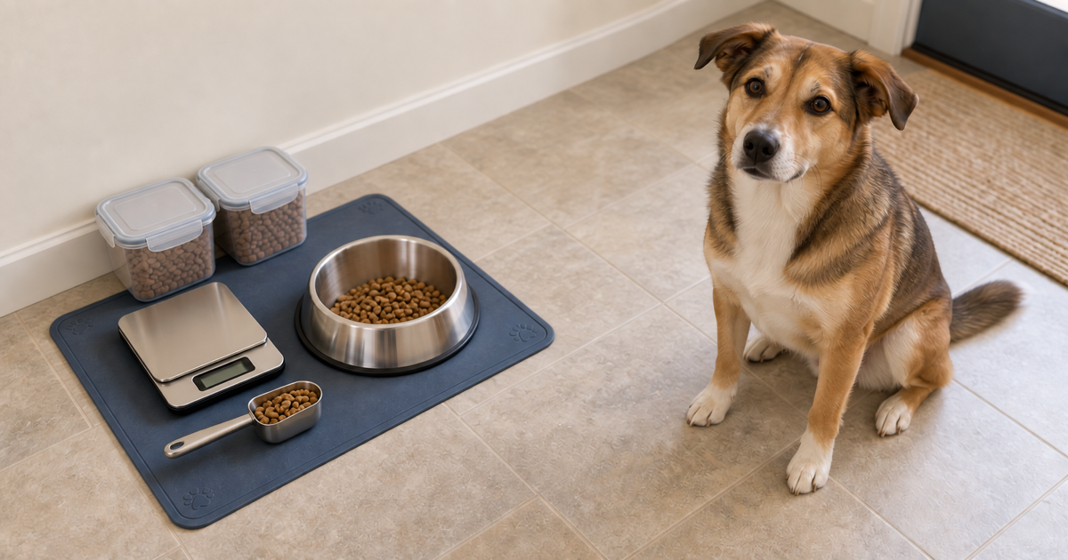 Dog waiting beside a measured food portion, gram scale, level scoop and clean feeding bowl.