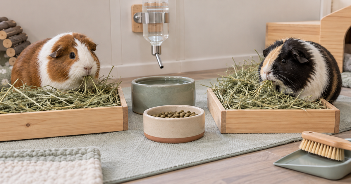 Two guinea pigs beside separate hay trays, a water bowl, sipper bottle and measured pellet dish.