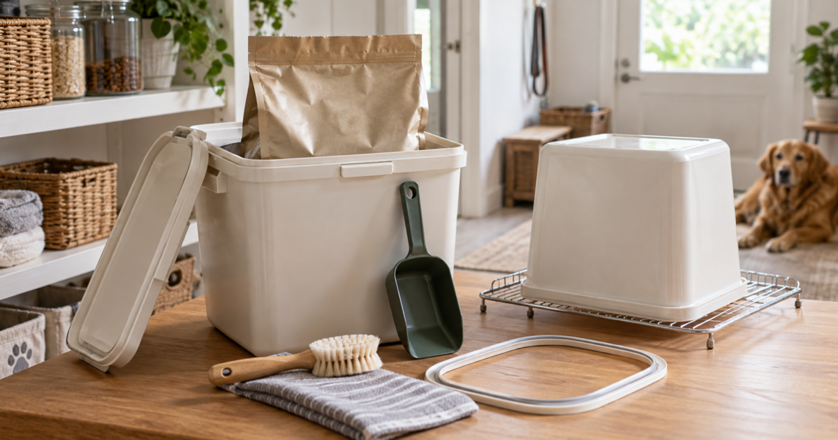 Clean pet food bin holding the original bag beside a scoop and an air-drying container.