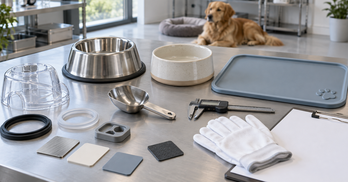 Pet bowls, feeder components and material samples arranged for a buyer quality inspection.