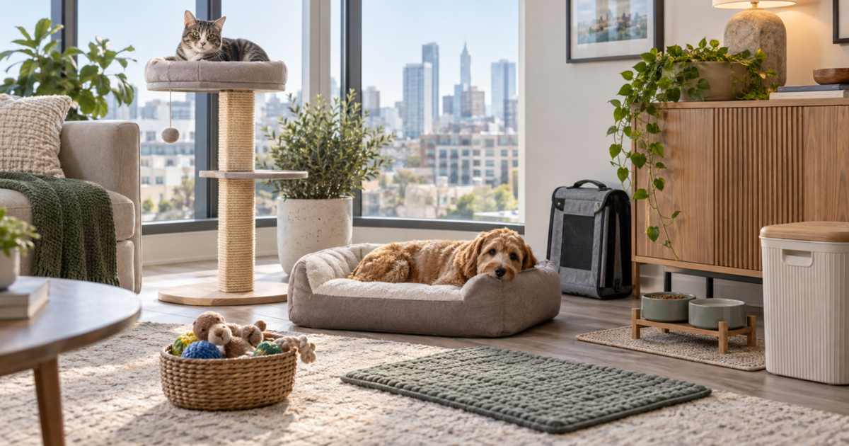 Cat and dog using a space-efficient pet product range in a modern city apartment.