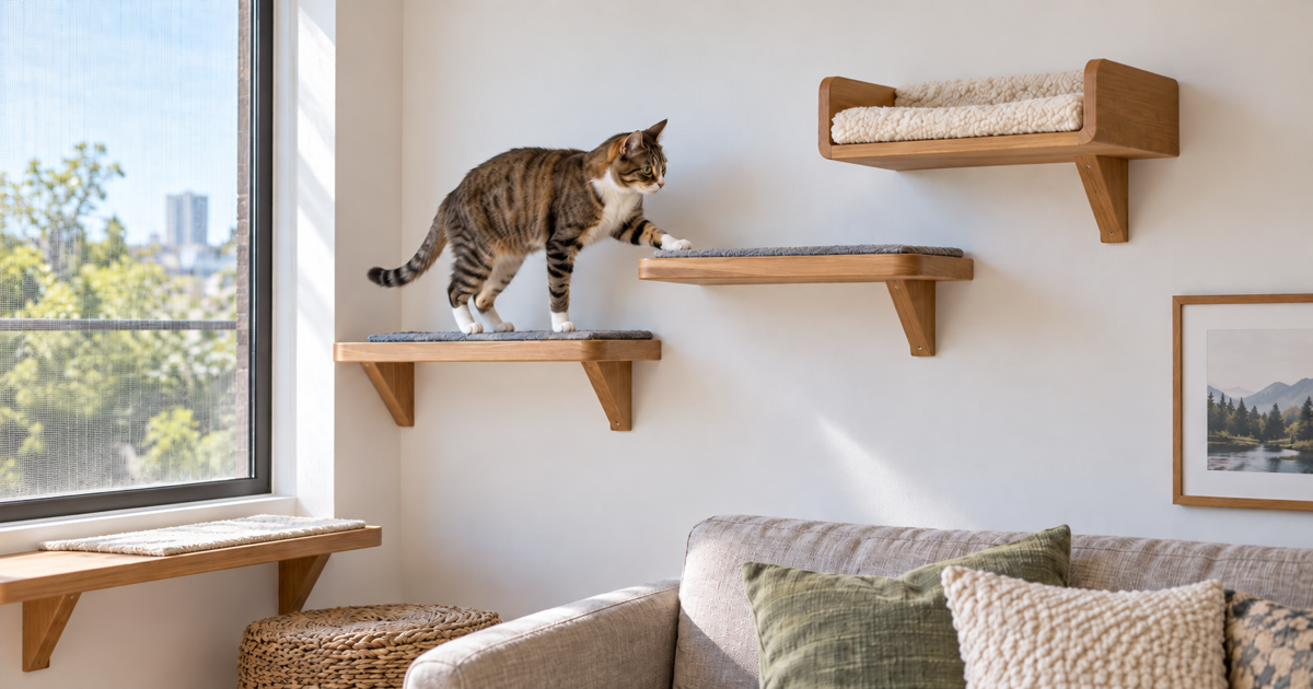 Tabby cat using padded wall shelves in a bright living room.