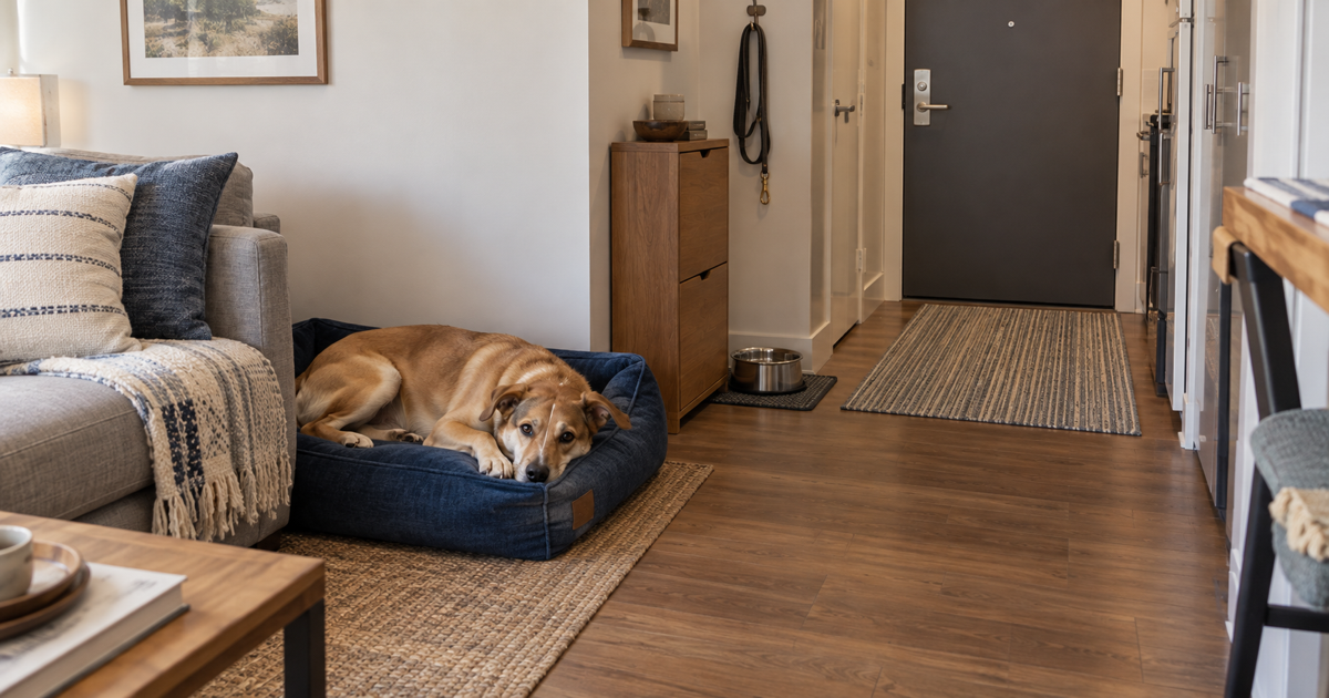 A tan dog resting on a blue bed beside a clear apartment entryway.