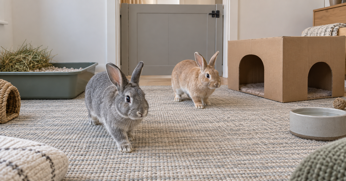Two rabbits exploring a rug-covered room with a secure doorway gate, cardboard hide, hay tray and water bowl.