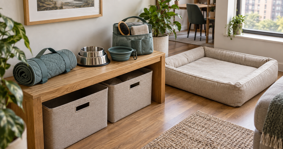Rolled pet mat, nesting bowls and grooming caddy on a storage bench beside a low-profile pet bed.