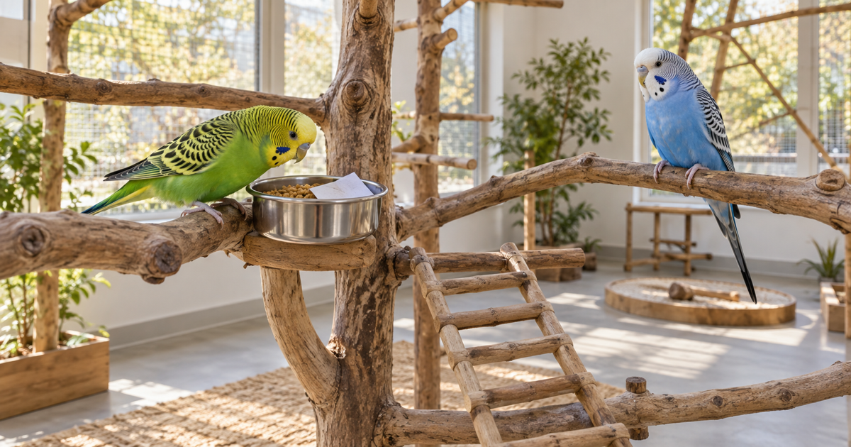 Two budgies on a branch play stand with an easy paper-and-pellet foraging dish and a wooden climbing ladder.