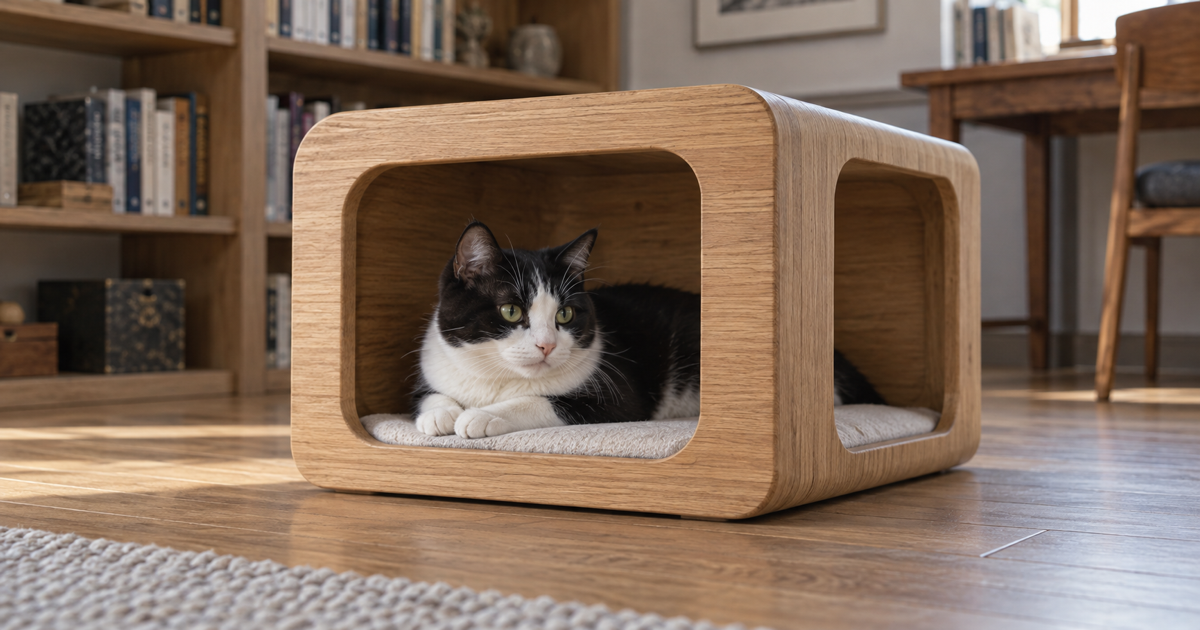 Black-and-white cat resting inside a low wooden hide with two clear entrances in a quiet home study.