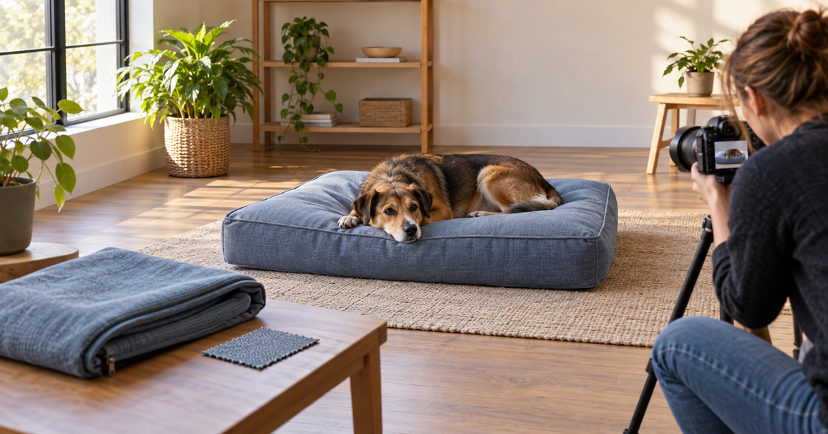 Product photographer observing a mixed-breed dog resting on a fabric bed in a daylight studio.